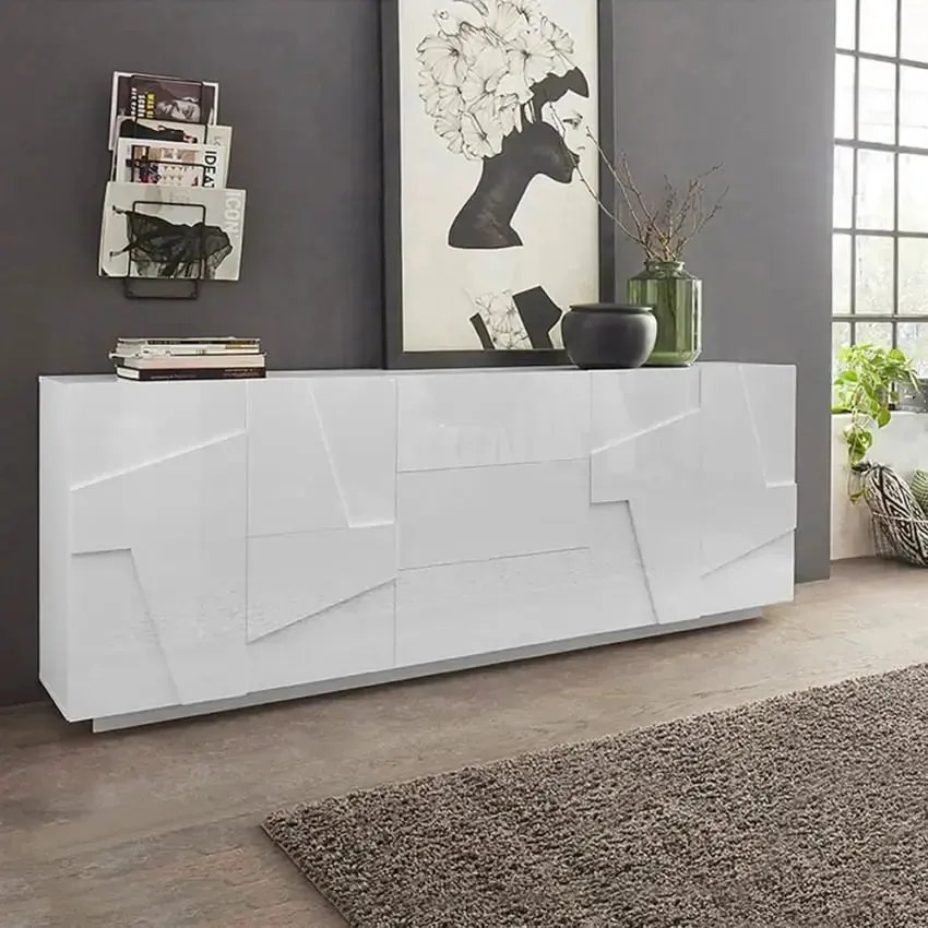 Credenza Moderna PING con 4 Ante Battenti e 3 Cassetti - Bianco Lucido