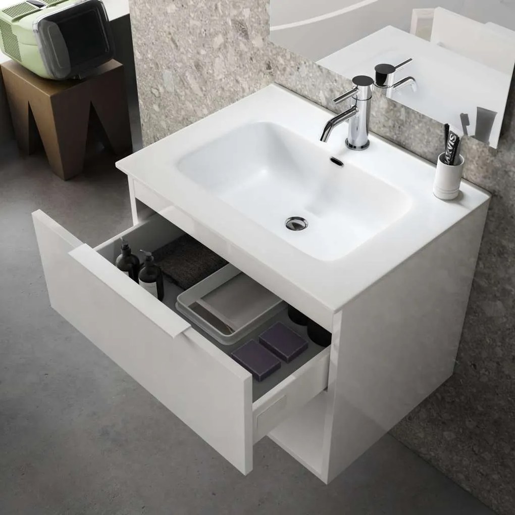 Mobile Bagno 60cm Sospeso Con Cassetto, Vano E Specchio