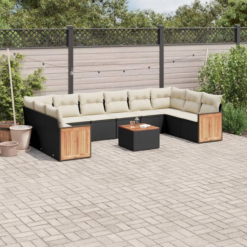 Set divani da giardino 11 pz con cuscini in polyrattan nero