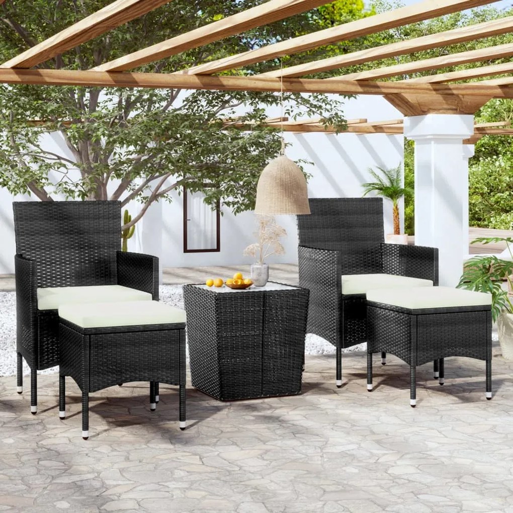 Set da bistrot per giardino 5pz polyrattan vetro temperato nero