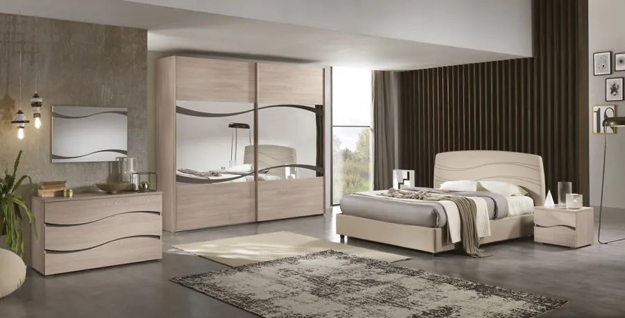 Camera da letto completa, finitura Olmo Perla e letto ecopelle sabbia, Made in Italy