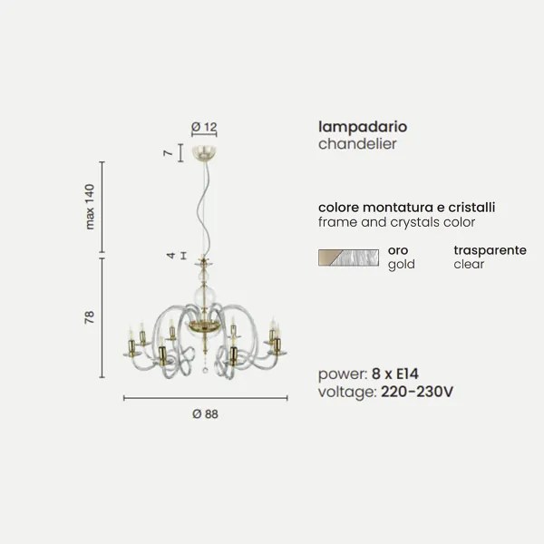 Lampadario a sospensione VIVALDI a 8 luci in vetro lavorato a mano D88 cm Trasparente/Oro