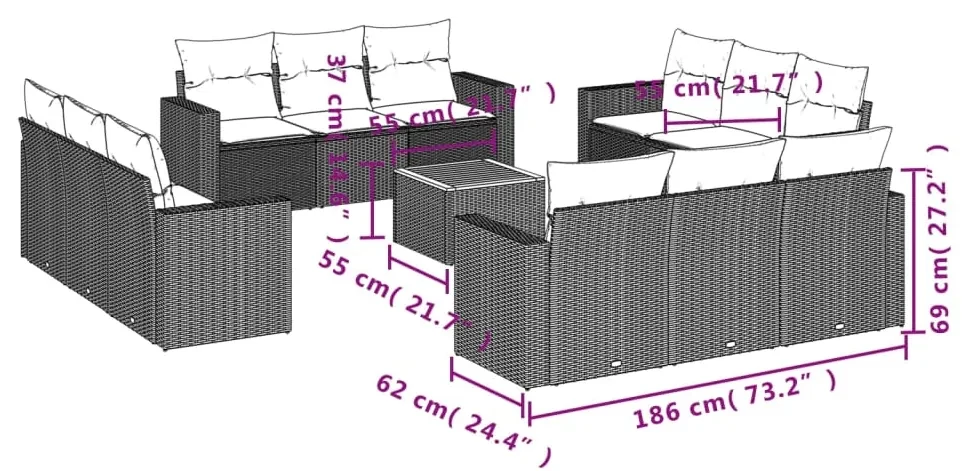 Set divani da giardino 13 pz con cuscini grigio in polyrattan