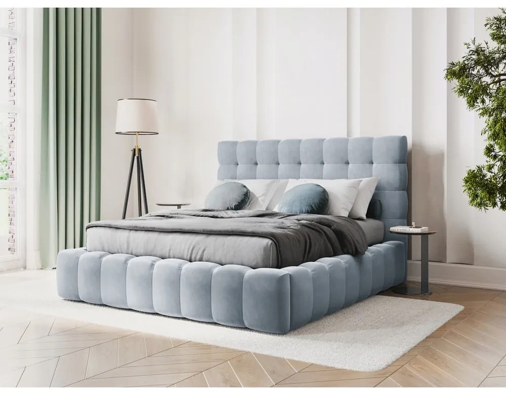 Letto matrimoniale imbottito azzurro con contenitore con griglia 180x200 cm Bali - Cosmopolitan Design