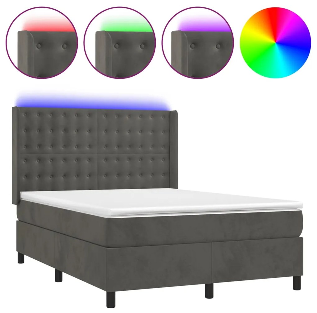 Letto a molle con materasso e led grigio scuro 140x190 cm