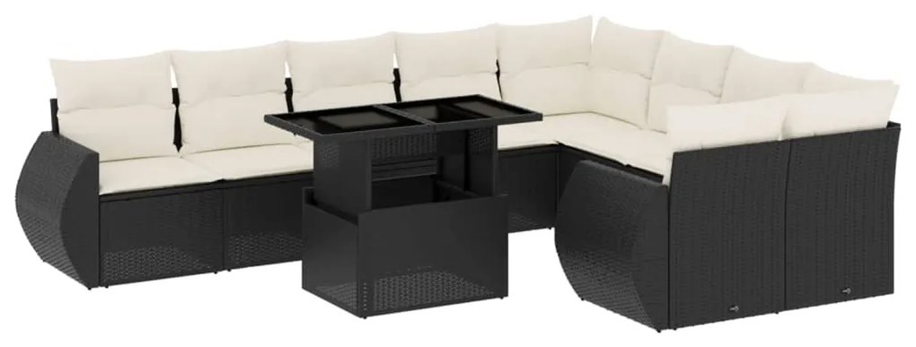 Set divani da giardino 10pz con cuscini in polyrattan nero