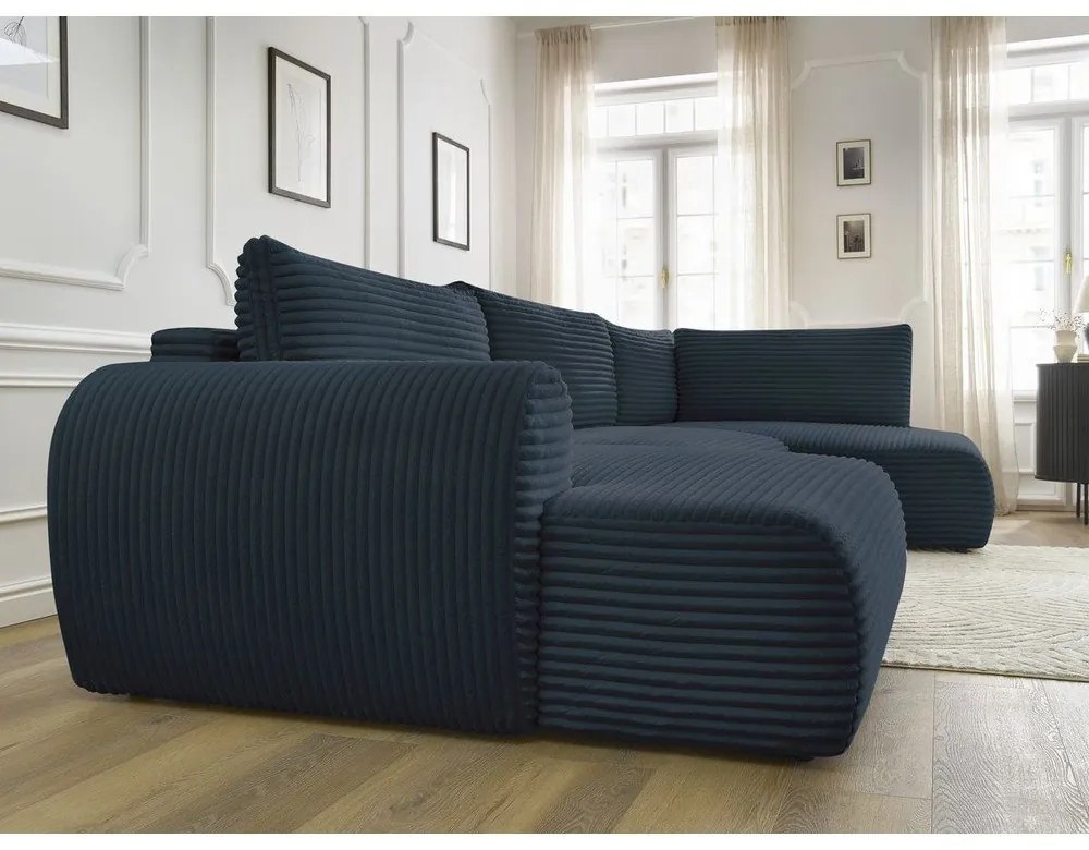 Divano angolare in blu scuro allungabile (con penisola a sinistra/a forma di "U") con rivestimento in velluto a coste Lucien – Bobochic Paris