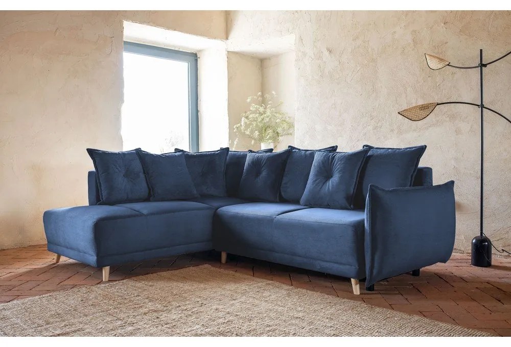 Divano letto angolare in velluto a coste blu scuro (angolo sinistro) Lazy Lukka - Miuform