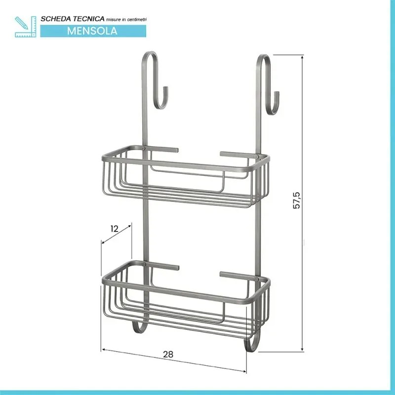 Mensola doccia portaoggetti rettangolare con ganci in acciaio canna di fucile