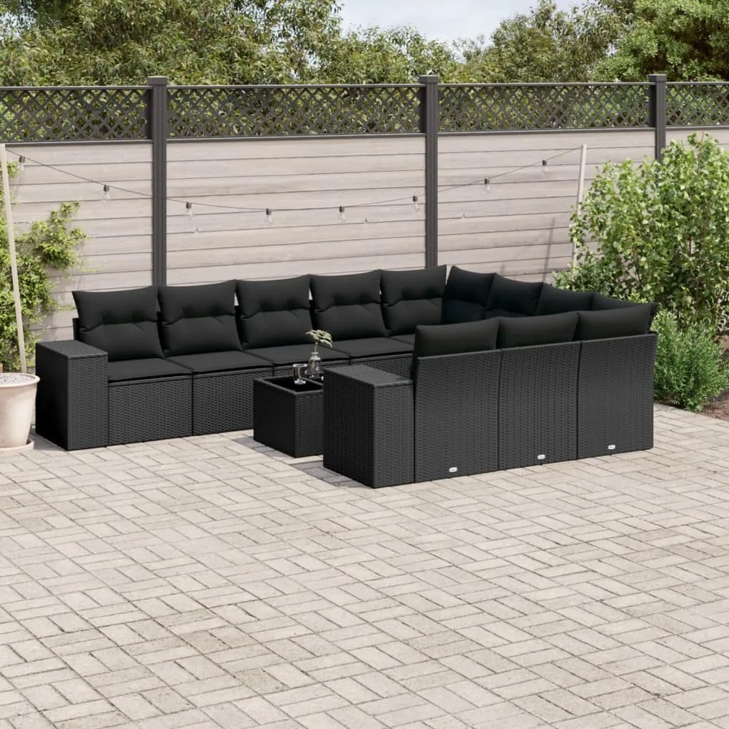 Set divani da giardino 11 pz con cuscini in polyrattan nero