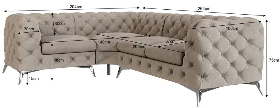 Divano angolare greige (con penisola a sinistra/a L) con rivestimento in velluto Chelsea – Ropez