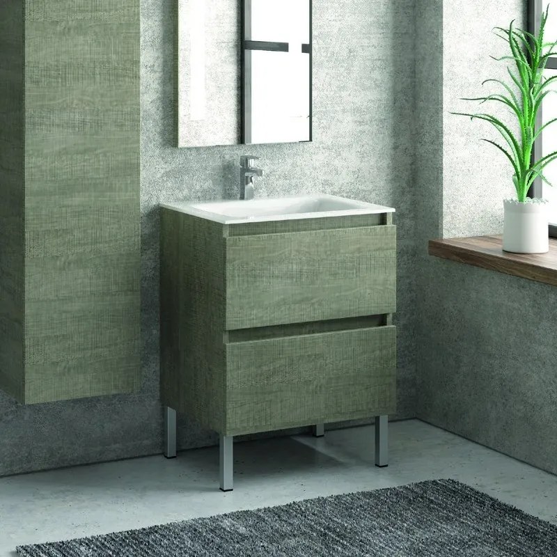 Composizione lavabo con mobile 60 cm, colonna e specchio TOD-60B - KAMALU