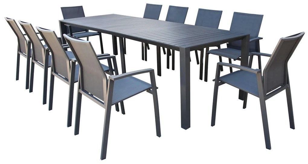 ARIZONA - set tavolo in alluminio cm 85 x 51,50/104/156/208/260 x 74 h con 10 poltrone Lotus