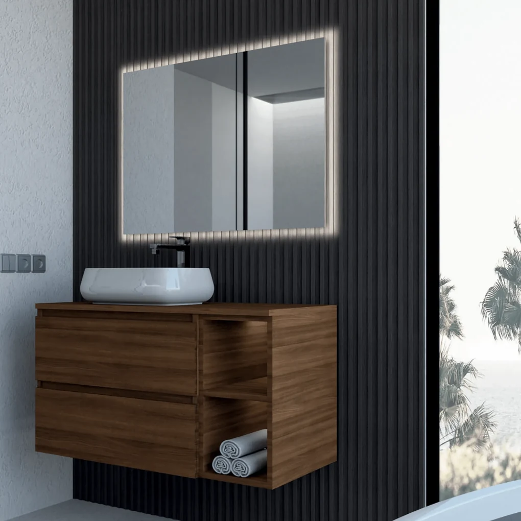 Mobile Bagno Sospeso 120 Cm Due Cassetti Vano a Giorno Specchio Con Illuminazione Led Esseci Arredo Bagno "Minerva Piano"