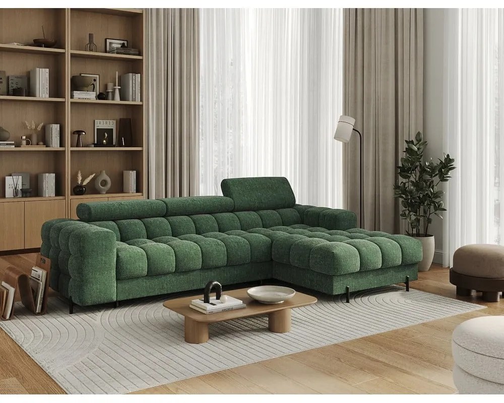 Divano angolare verde allungabile/con contenitore (con penisola a destra/con chaise lounge) con rivestimento in bouclé Felro – ELTAP