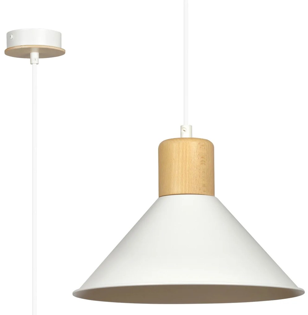 Sospensione Nordica 1 Luce Rowen In Acciaio Bianco E Legno