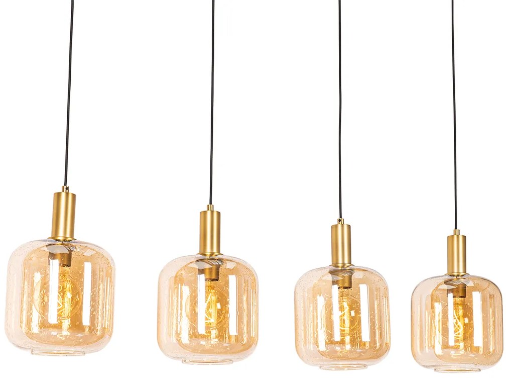 Lampada a sospensione smart nera con ottone e vetro ambrato 4 luci incl. 4 Wifi G95 - Zuzanna