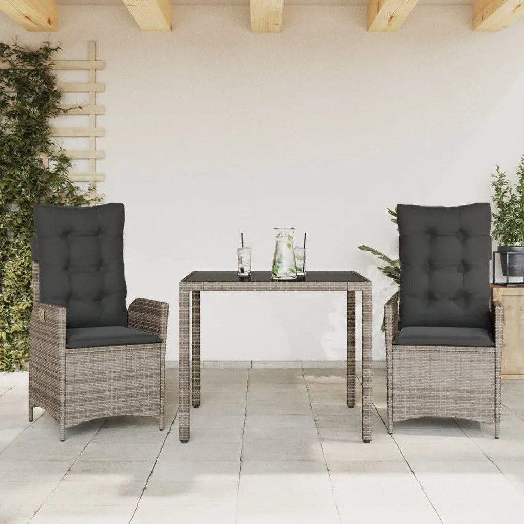 Set Da Pranzo Da Giardino 3 Pz Con Cuscini İn Polyrattan Grigio /