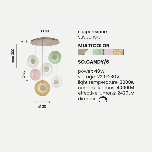 Lampada a sospensione 60 cm CANDY 6 Luci in metallo e vetro graniglia MULTICOLOR