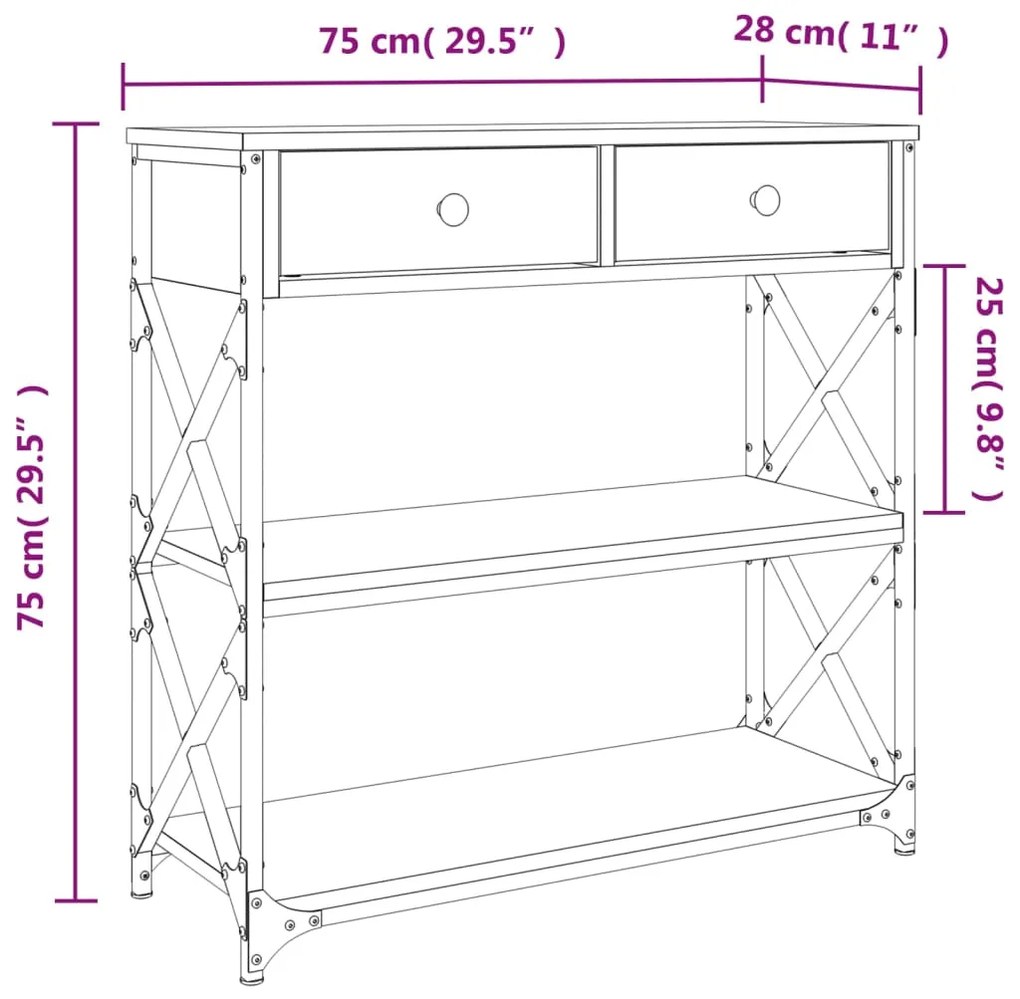 Tavolino Consolle Rovere Fumo 75x28x75 cm in Legno Multistrato