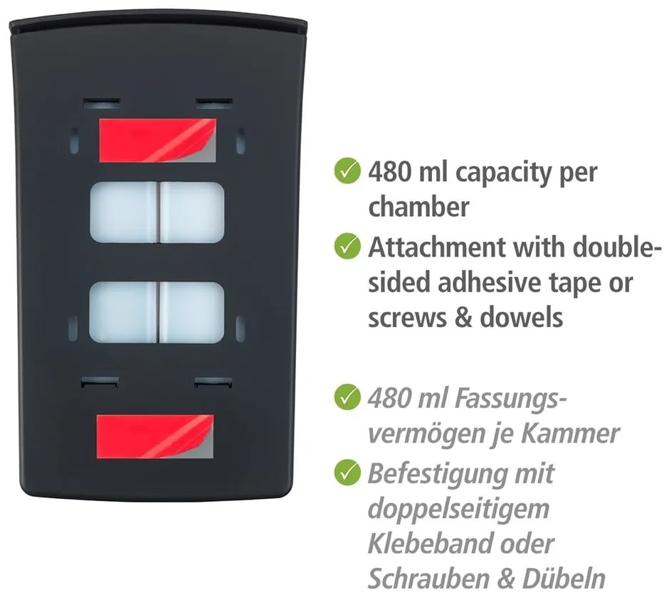 Dispenser di sapone in plastica nero da parete 0,96 l Tartas - Wenko