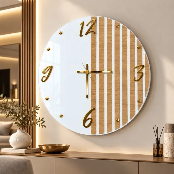 Orologio Parete Tondo 65 cm Vetro Bianco Doghe Rovere e Numeri Oro
