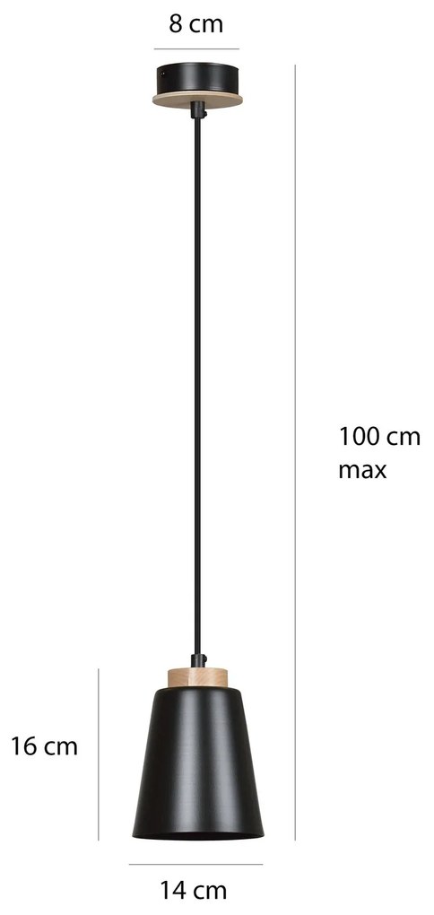 Sospensione 1 Luce Bolero A Cono In Acciaio Nero E Legno Naturale