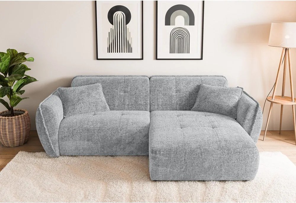 Divano angolare grigio chiaro (con penisola a destra/con chaise lounge) con rivestimento in ciniglia Nelia – Ropez