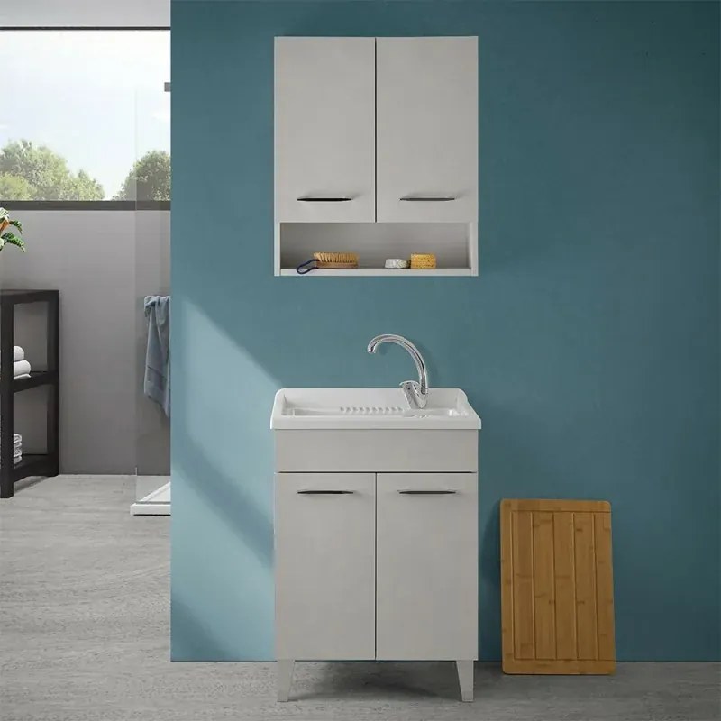 Mobile lavatoio 60x50 cm grigio calce vasca in resina e kit di scarico Moon