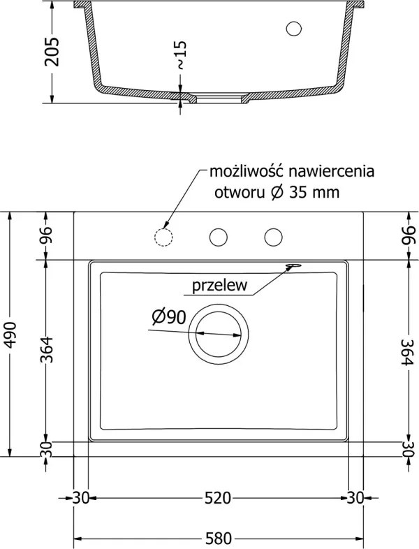 Mexen Oscar lavello in granito 1-vasca 580 x 490 mm, bianco, sifone dorato - 6519581000-20-G
