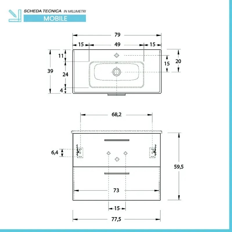 Mobile bagno sospeso 80 bianco lucido con lavabo e specchio Miami