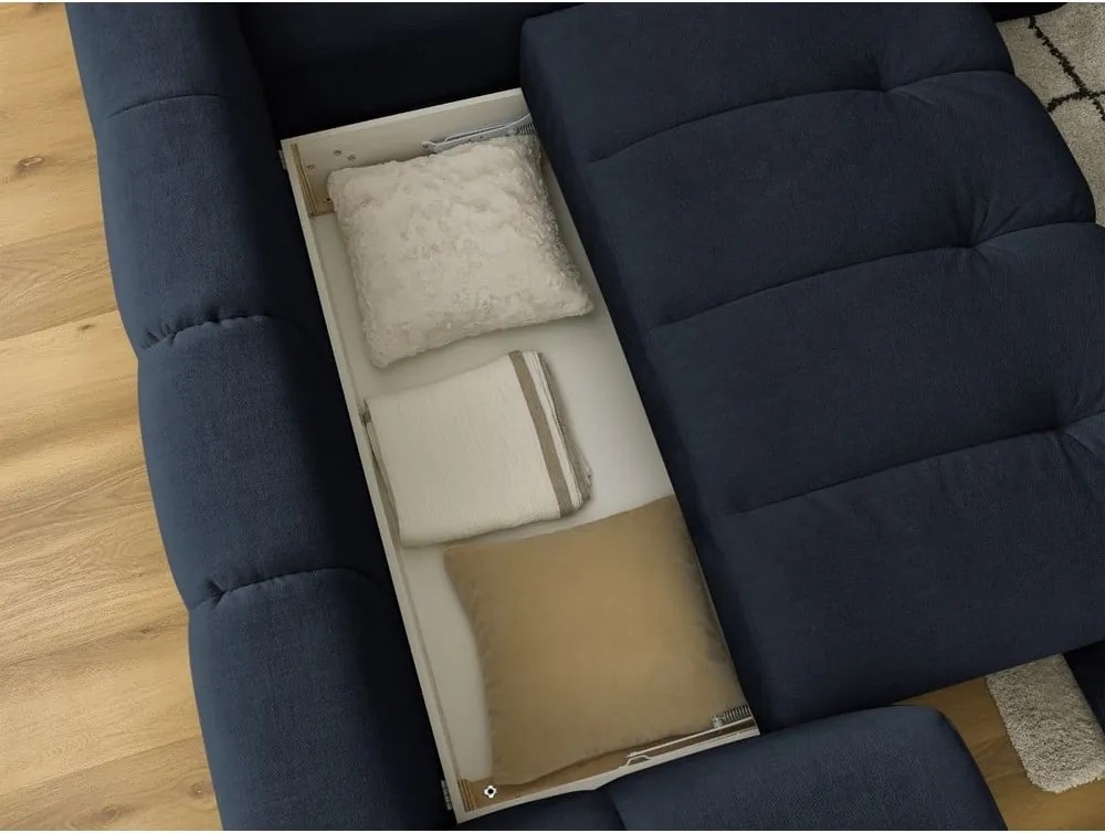 Divano angolare blu scuro allungabile e con contenitore (penisola a destra/a L) con rivestimento in ciniglia Fuji – Bobochic Paris