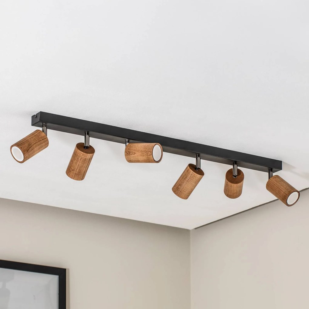 Luminex Plafoniera Nise, a 6 luci, allungata, acciaio nero, legno