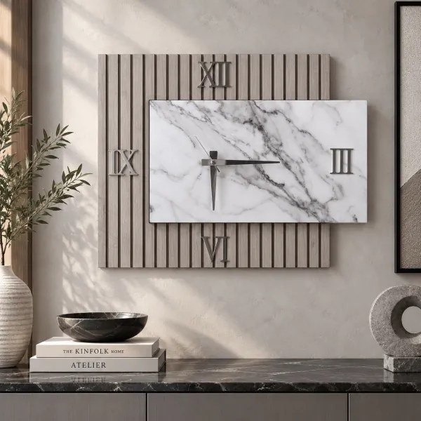 Orologio 72x58 cm in legno cannettato tortora e marmo