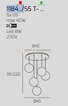 Sospensione bianco 5 luci tonda vetri 3x fu + 2x br 1184bi-s5 t-fb