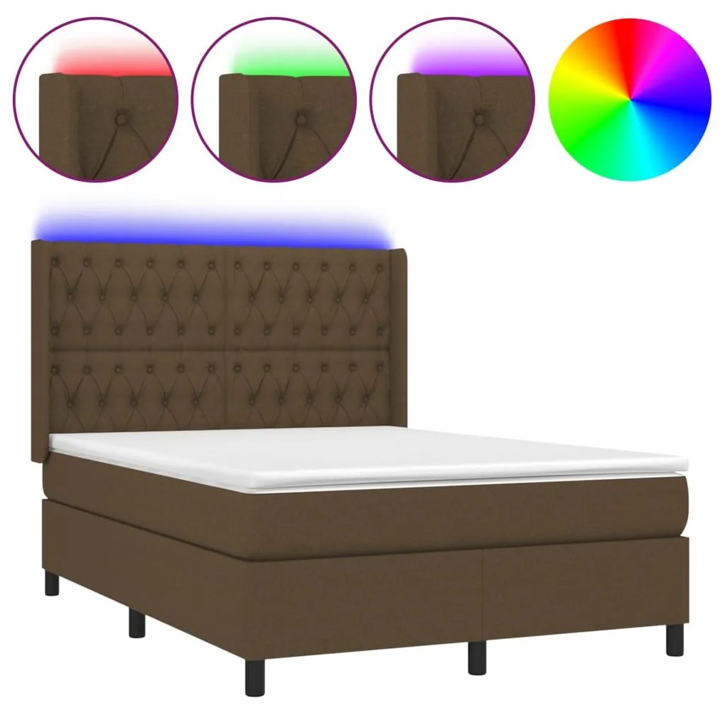 Letto a molle materasso e led marronescuro 140x190cm in tessuto