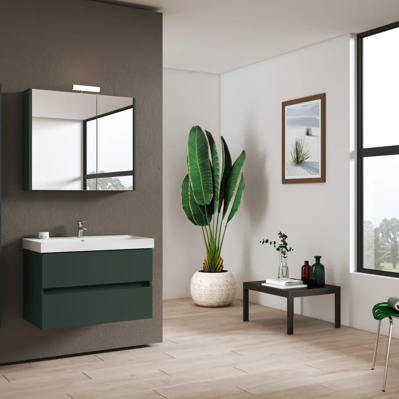 Specchio Contenitore Con Illuminazione Akira laccato opaco verde foresta L 80 x H 70 x P 15.5 cm