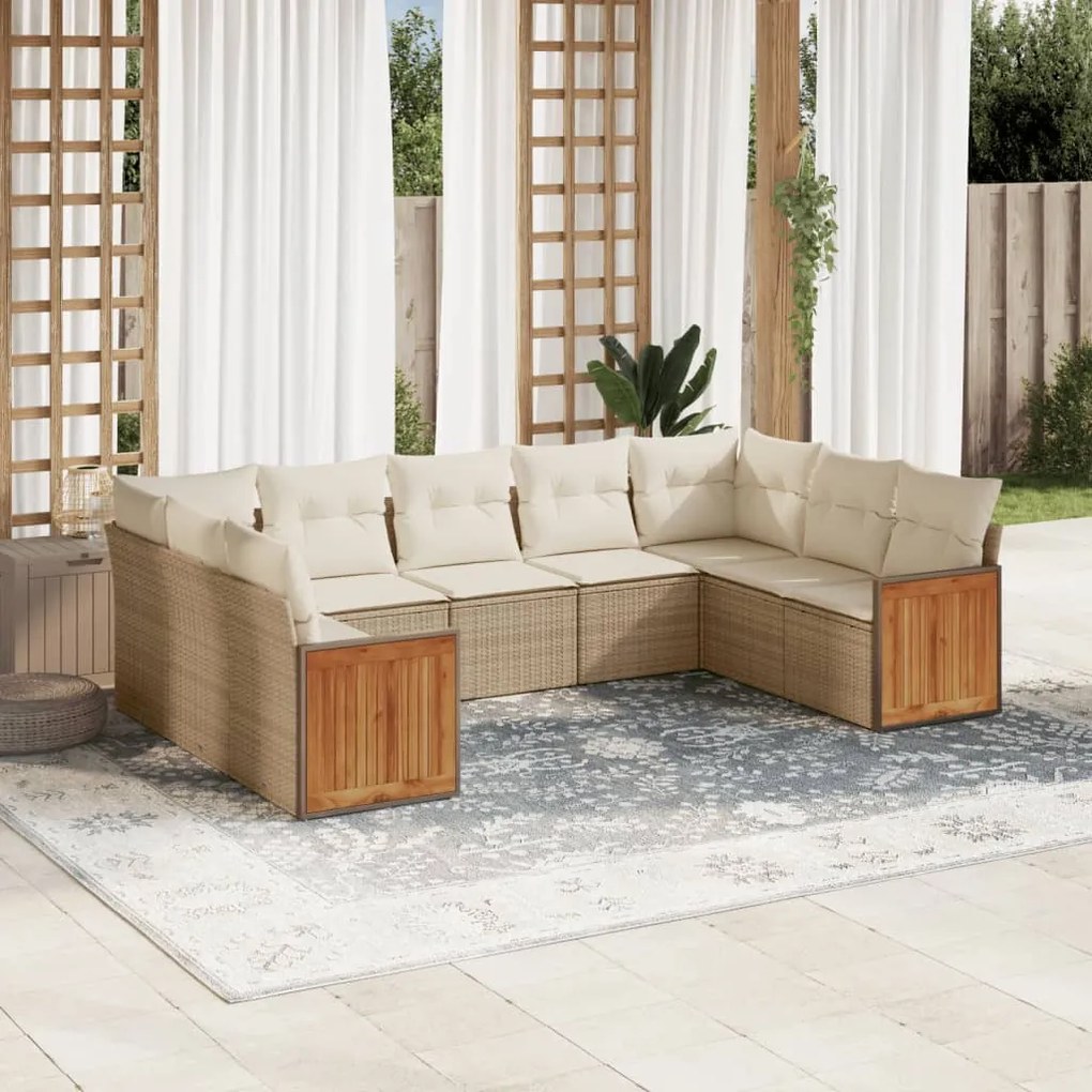 Set divano da giardino 9 pz con cuscini beige in polyrattan