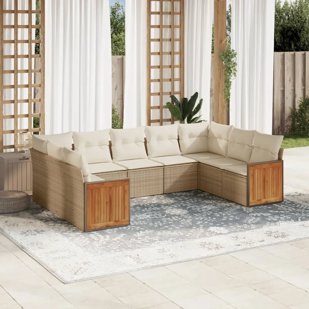 Set divano da giardino 9 pz con cuscini beige in polyrattan