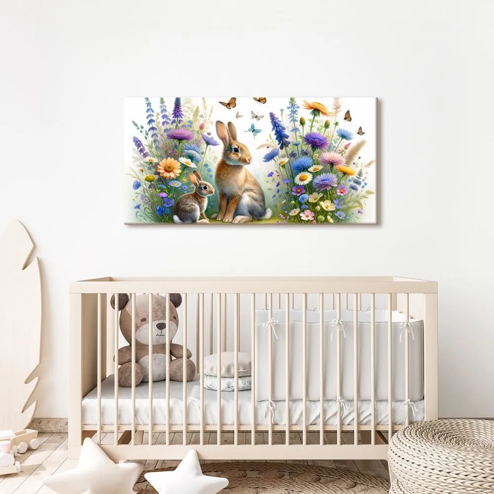 Quadro su tela – Fiori di campo e coniglietti tra le farfalle