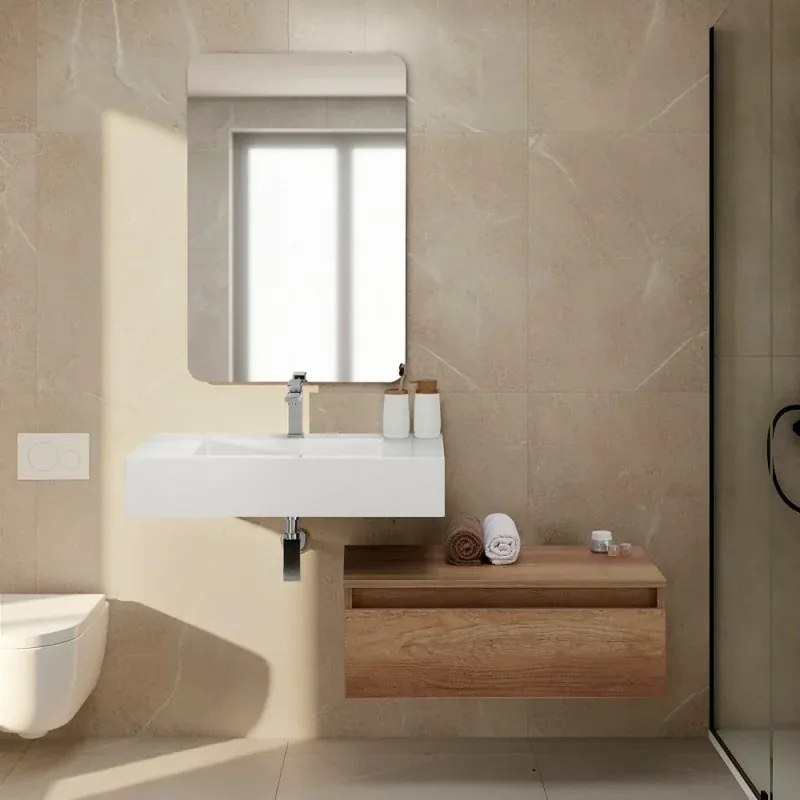 Mobile bagno sospeso 80 cm rovere naturale con lavabo sospeso e specchio – Numa
