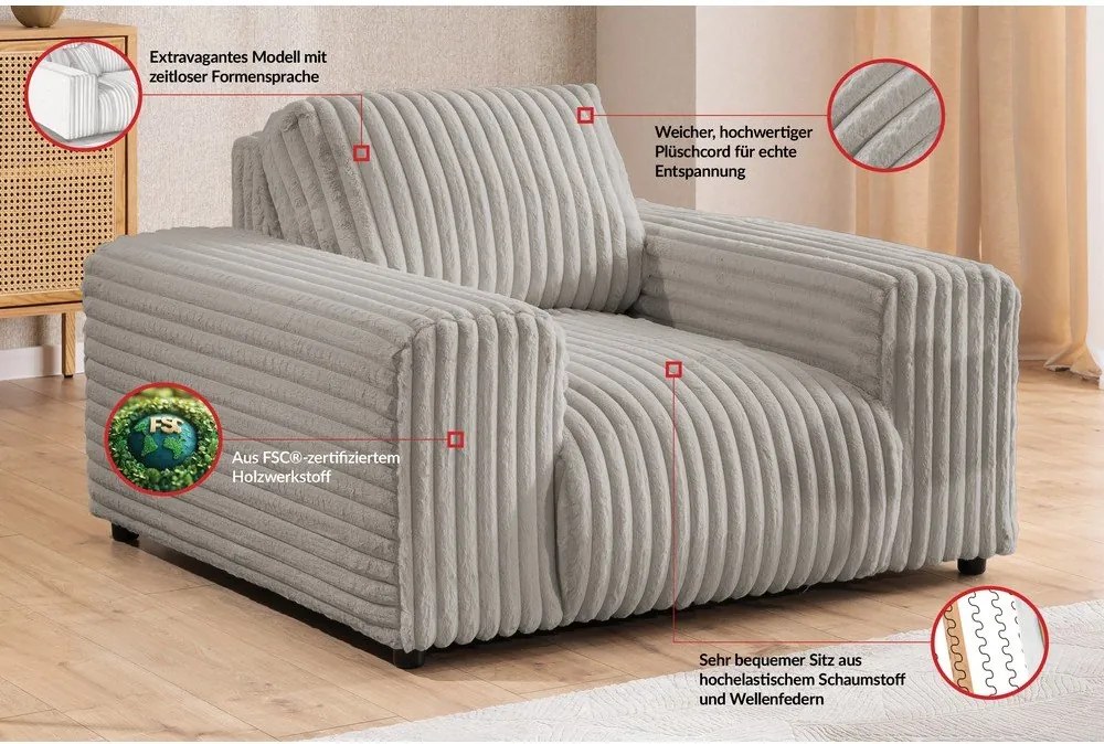 Poltrona grigio chiaro con rivestimento in velluto a coste Justin – Ropez