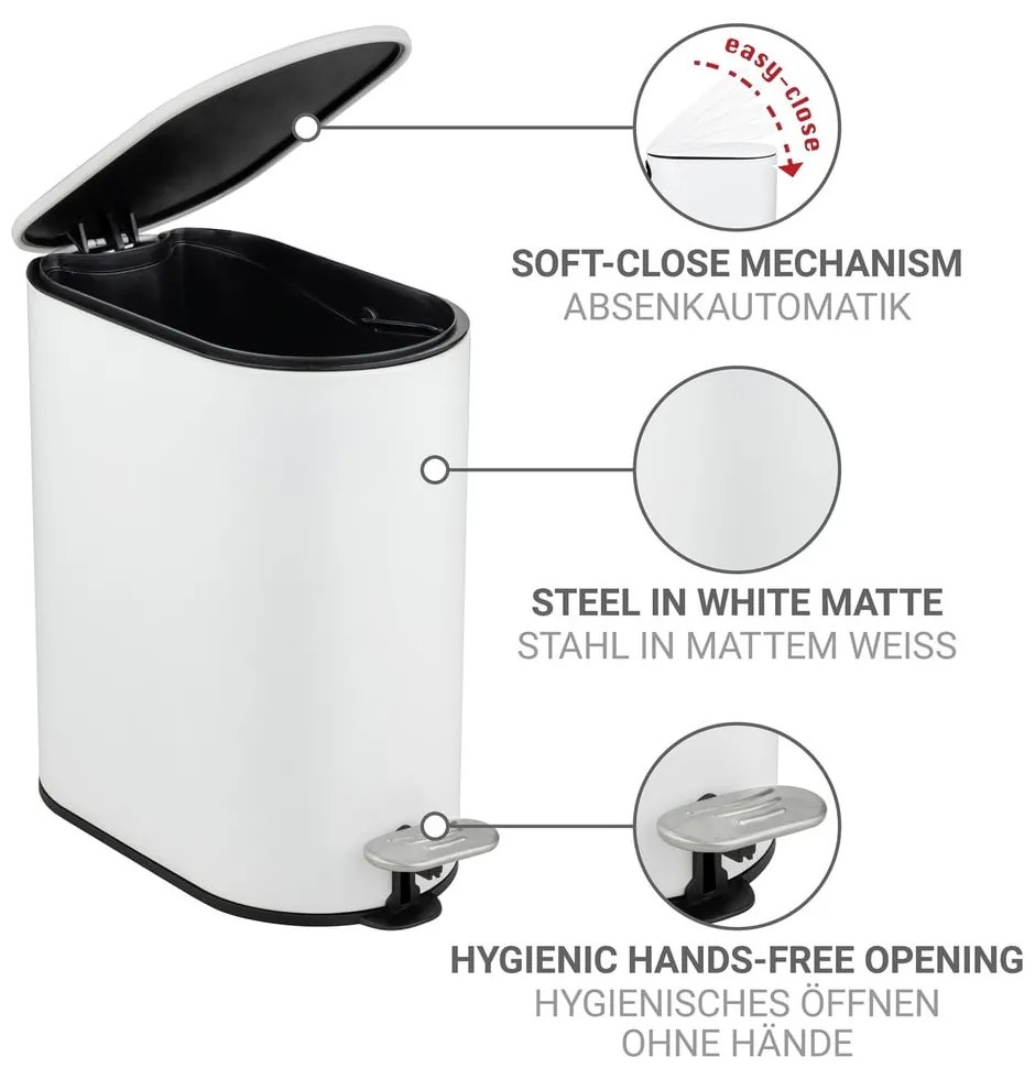 Cestino per la spazzatura bianco opaco in acciaio con pedale 5 l Collungo – Wenko
