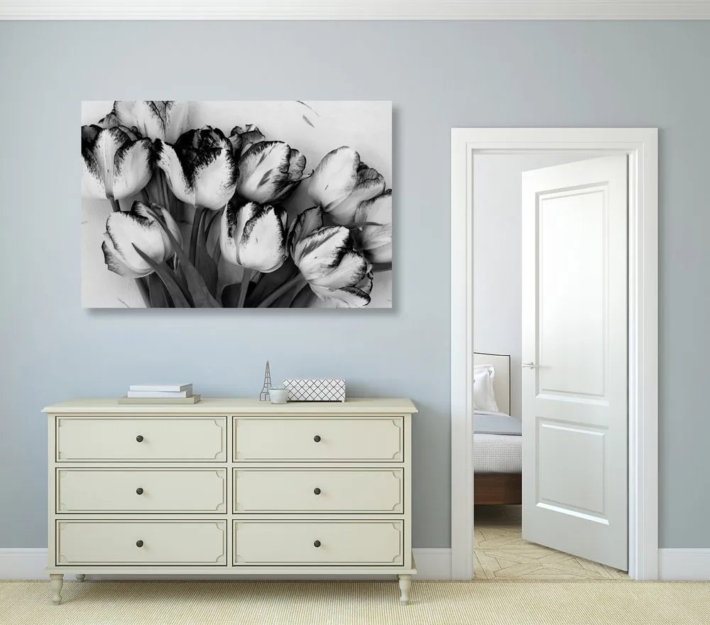Quadro su tela – Tulipani primaverili in bianco e nero