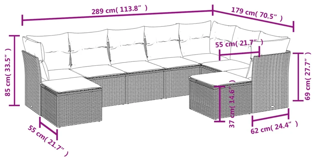 Set divani da giardino 9pz con cuscini marrone in polyrattan