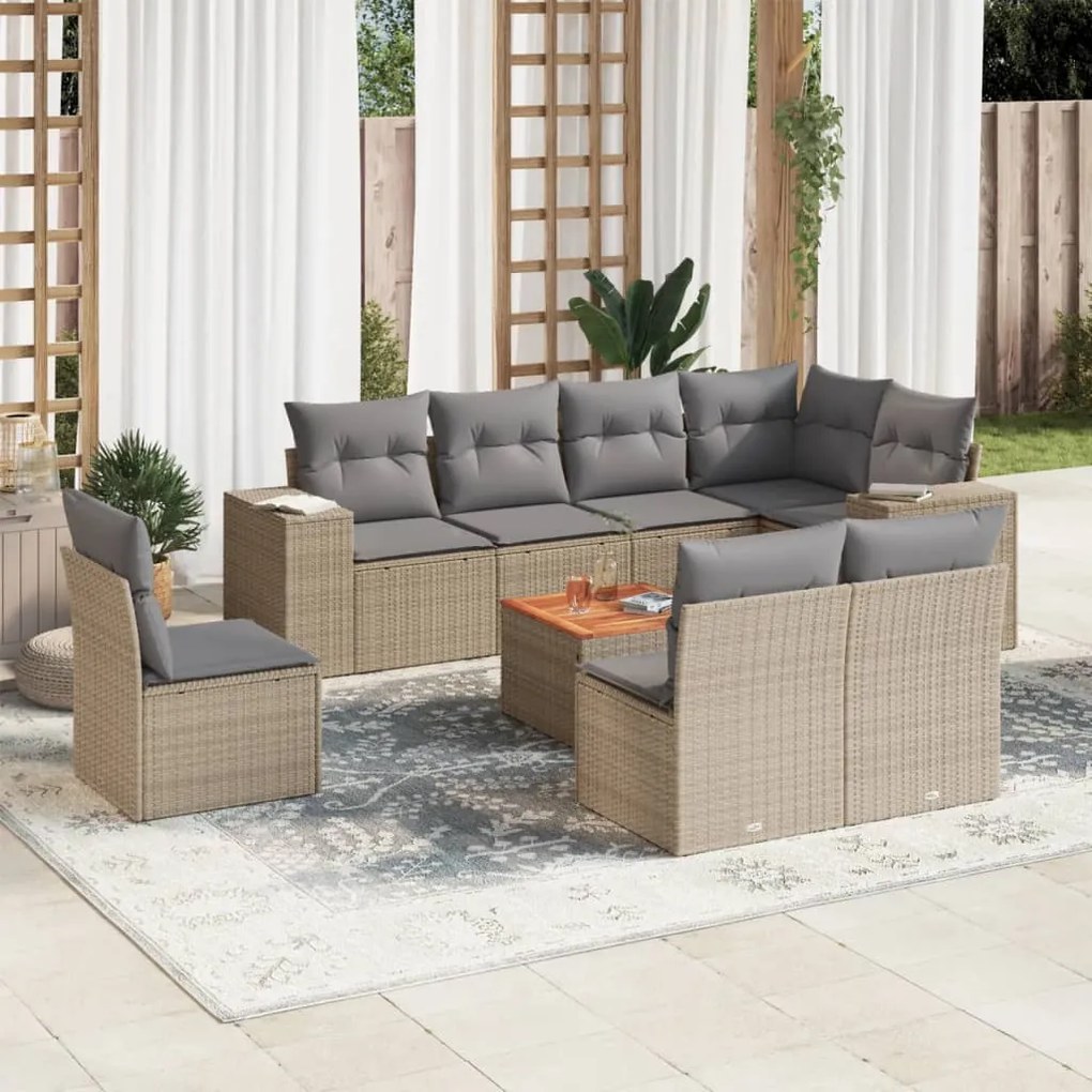 Set Divano da Giardino 9 pz con Cuscini Beige in Polyrattan