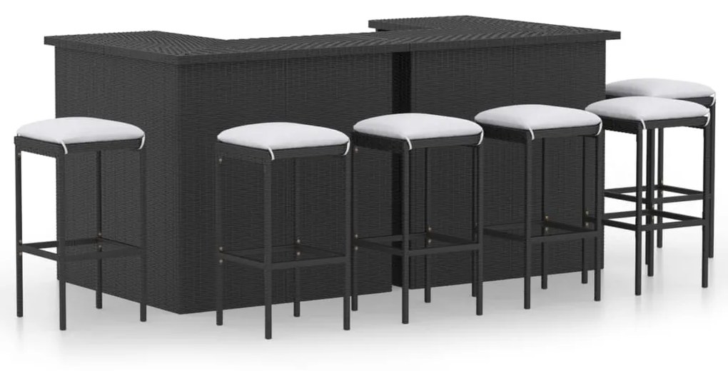 Set bar da giardino 8 pz con cuscini in polyrattan nero