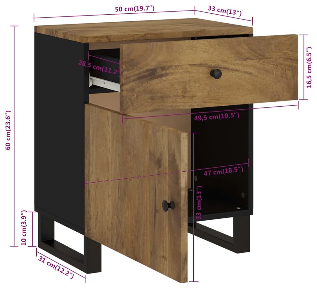 Comodino 50x33x60cm Legno Massello di Mango e Legno Multistrato