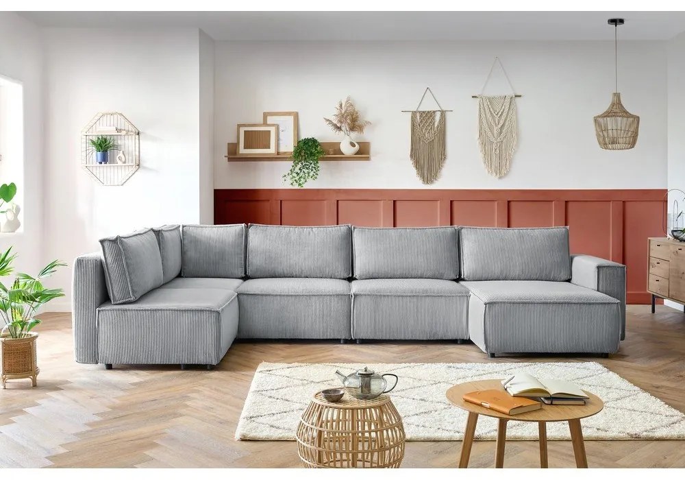 Divano angolare a U in velluto a coste grigio chiaro, angolo sinistro Nihad modular - Bobochic Paris