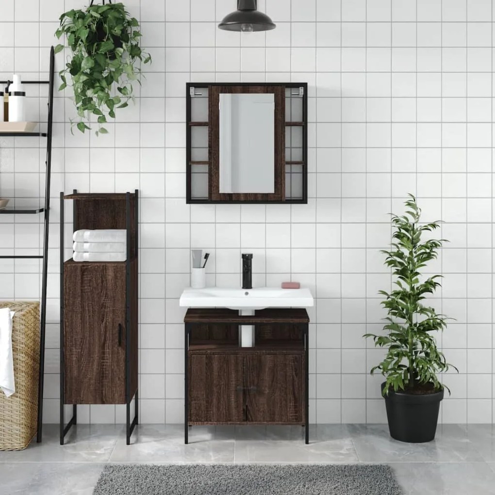 Set mobili da bagno 3 pz rovere marrone in legno multistrato